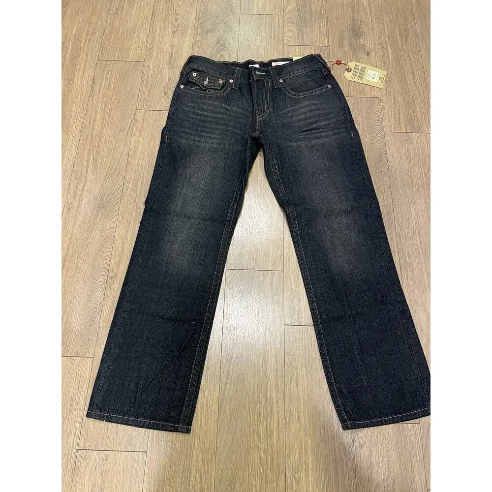 New True Religion Black Straight Ricky Jeans USA 34 Big T Flap Y2K